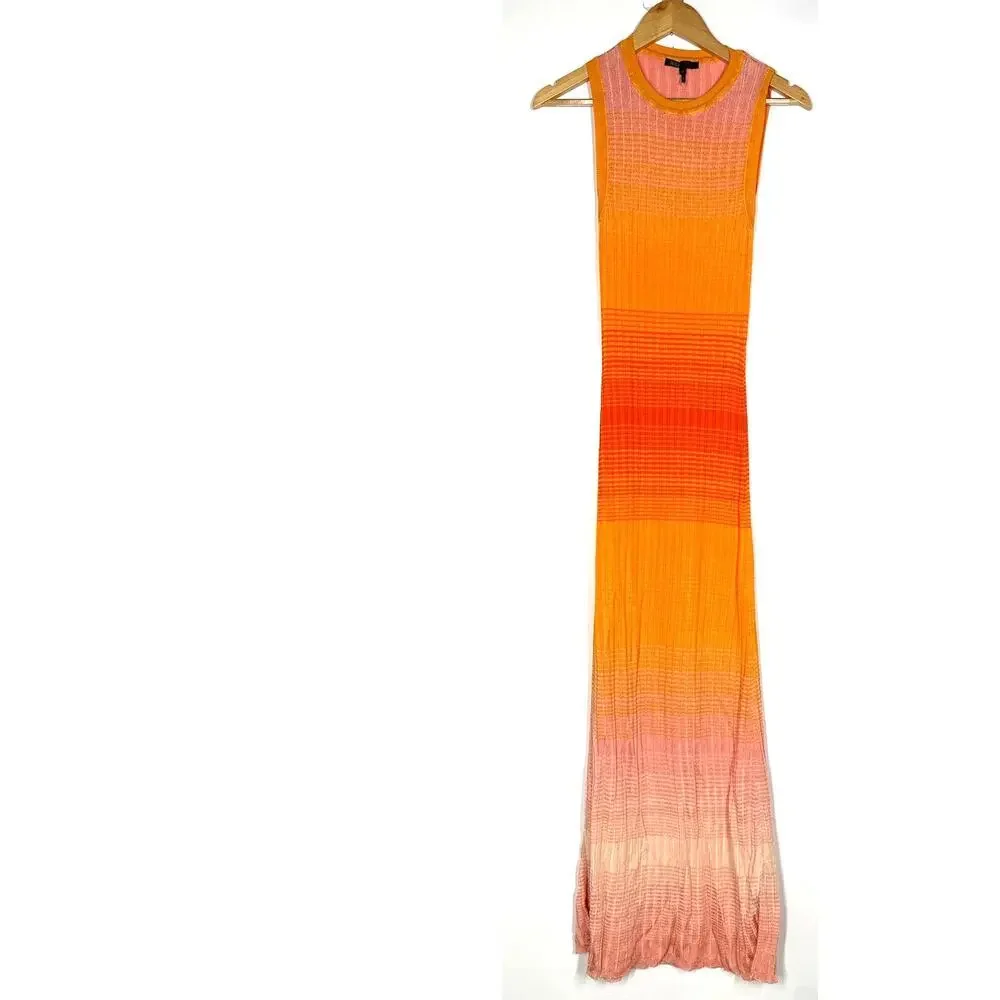 Maje Tie Dye Maxi Dress Rib Knit Sleeveless Tank Sweater Orange Ombre 36 - Picture 2 of 11